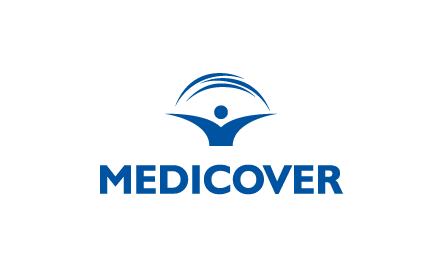 Logo Medicover przedstawiające niebieskiego pacjenta z rozłożonymi rękami podpisanego słowem Medicover.